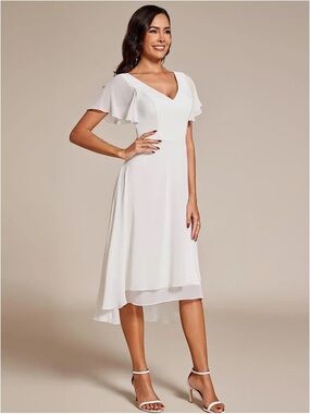 Ever Pretty White V‑Neck Midi Dress with Flutter Sleeves
